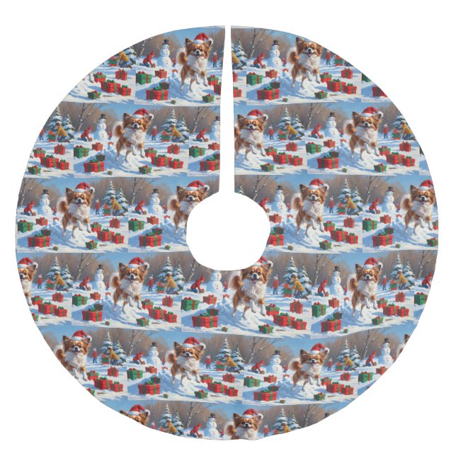 Papillon Dog Running in Snow with Christmas Hat Brushed Polyester Tree Skirt (Front)