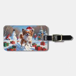 Papillon Dog Running in Snow with Christmas Hat Luggage Tag