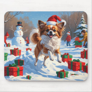 Papillon Dog Running in Snow with Christmas Hat Mouse Mat