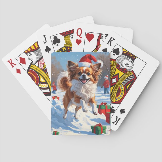 Papillon Dog Running in Snow with Christmas Hat Playing Cards (Back)