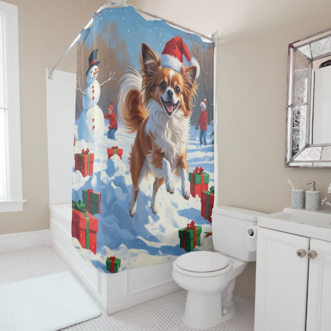 Papillon Dog Running in Snow with Christmas Hat Shower Curtain (In Situ)