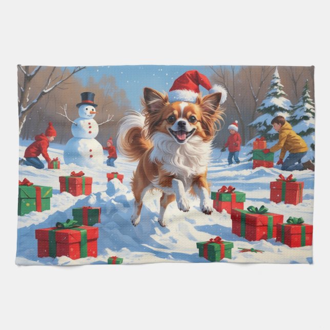 Papillon Dog Running in Snow with Christmas Hat Tea Towel (Horizontal)