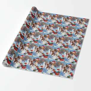 Papillon Dog Running in Snow with Christmas Hat Wrapping Paper