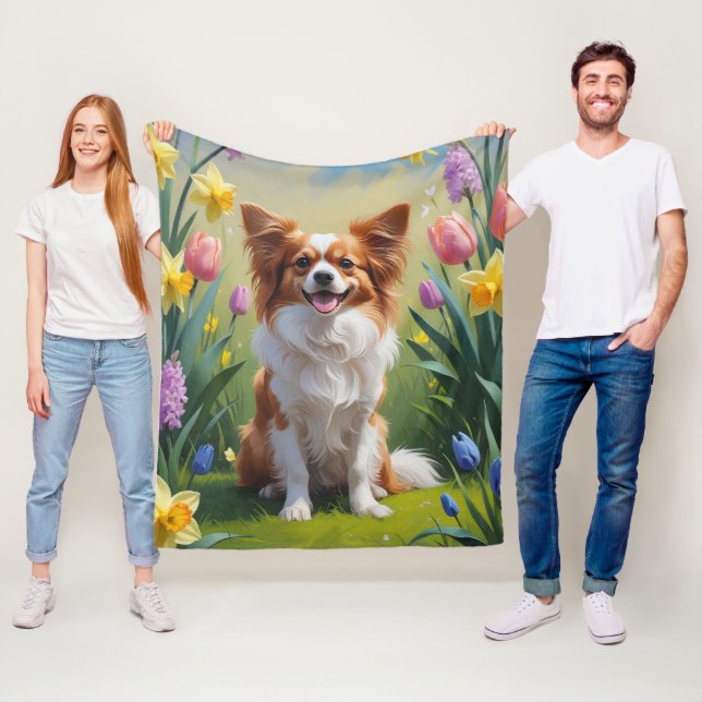 Papillon Dog Spring Flowers Painting  Fleece Blanket (In Situ)