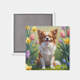 Papillon Dog Spring Flowers Painting Magnet