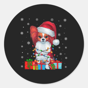 Papillon Dog Ugly Xmas Lights Santa Papillon Dog C Classic Round Sticker