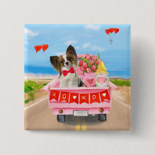 Papillon Dog Valentine's Day Truck Hearts 15 Cm Square Badge