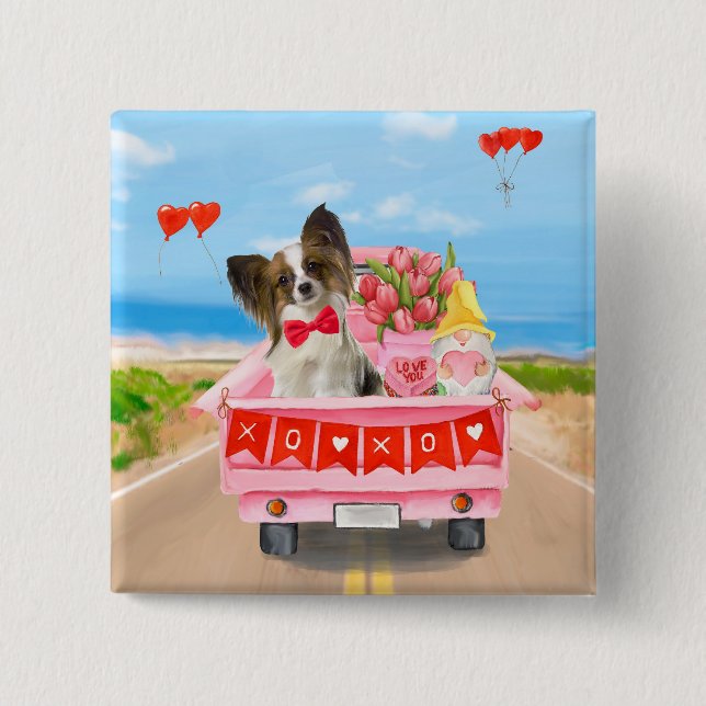 Papillon Dog Valentine's Day Truck Hearts 15 Cm Square Badge (Front)