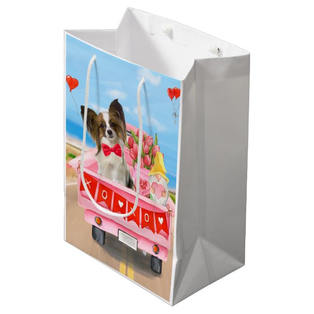 Papillon Dog Valentine's Day Truck Hearts Medium Gift Bag (Front Angled)