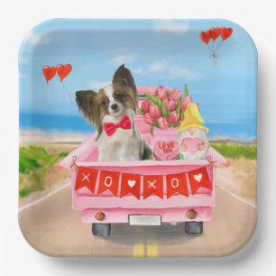 Papillon Dog Valentine's Day Truck Hearts Paper Plate