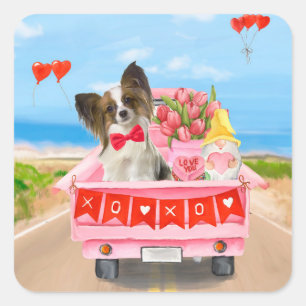 Papillon Dog Valentine's Day Truck Hearts Square Sticker