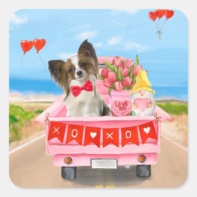 Papillon Dog Valentine's Day Truck Hearts Square Sticker (Front)