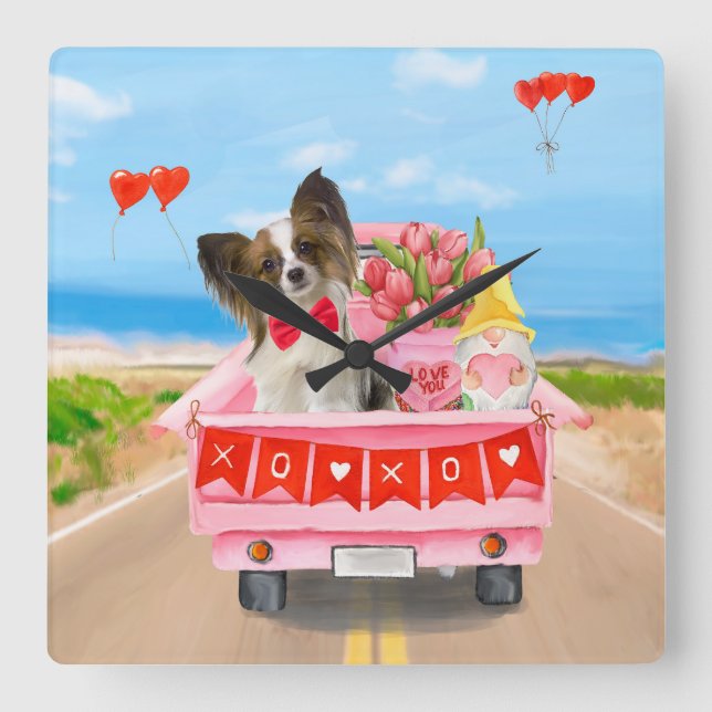 Papillon Dog Valentine's Day Truck Hearts Square Wall Clock (Front)