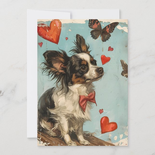 Papillon dog Vintage Valentine's day Holiday Card (Front)