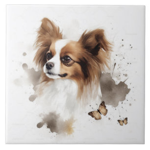 Papillon Dog Watercolor with butterflies Tile