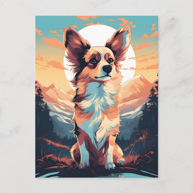 Papillon dog winter mountain forest during sunset postcard (Front)