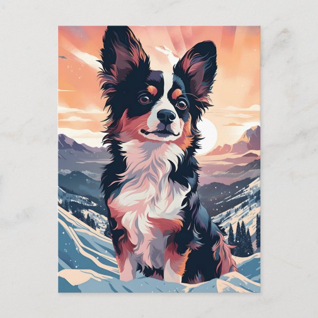 Papillon dog winter mountain forest during sunset postcard (Front)