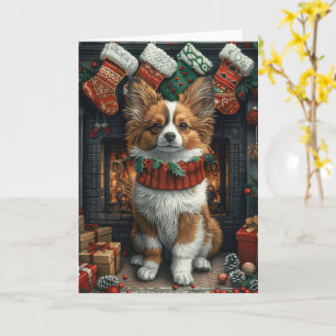Papillon Dog With Christmas Gifts Fireplace Card