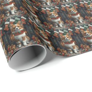 Papillon Dog With Christmas Gifts Fireplace Wrapping Paper