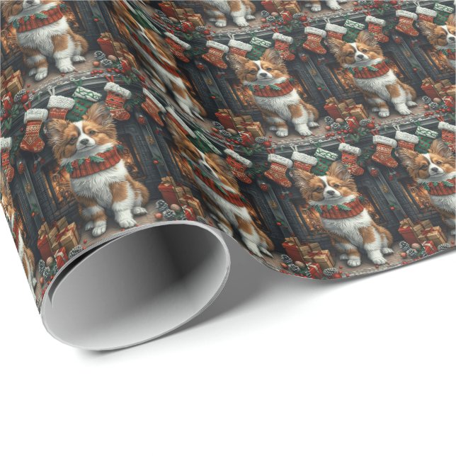 Papillon Dog With Christmas Gifts Fireplace Wrapping Paper (Roll Corner)
