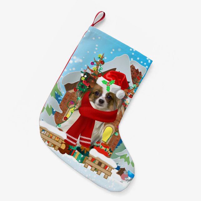 Papillon dog with Christmas gifts Small Christmas Stocking (Front (Hanging))