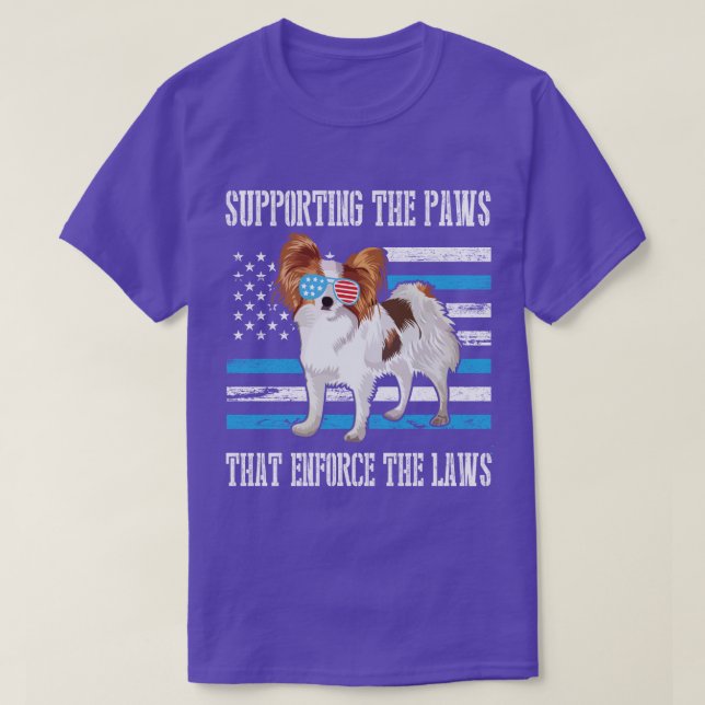 Papillon Dog With Cool US Flag Glasses Supporting  T-Shirt (Design Front)