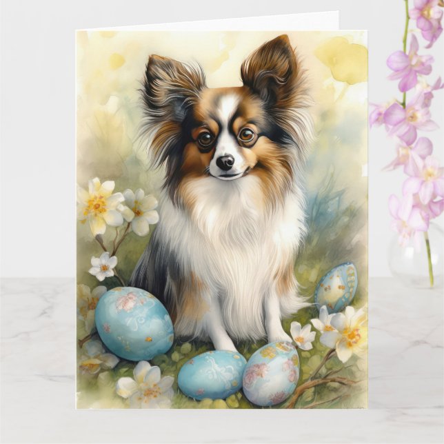 Papillon Dog with Easter Eggs Holiday Card (Orchid)