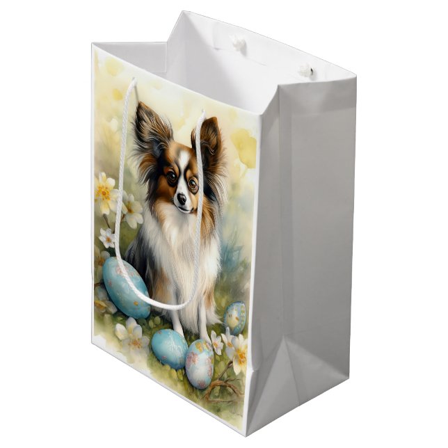 Papillon Dog with Easter Eggs Holiday Medium Gift Bag (Front Angled)