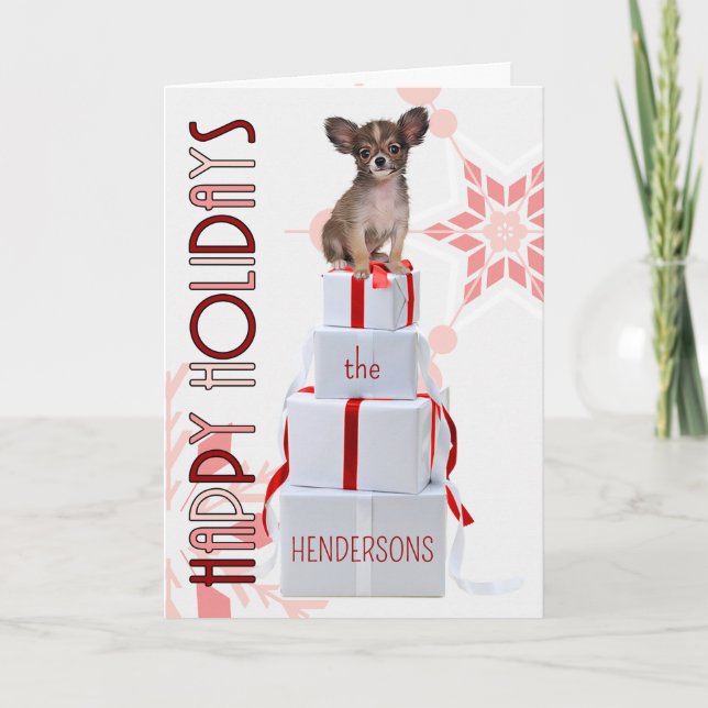 Papillon Dog with Presents Red Christmas Holiday Card (Front)