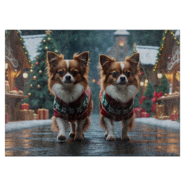 Papillon Dogs Christmas Snow Holiday Cutting Board (Front)