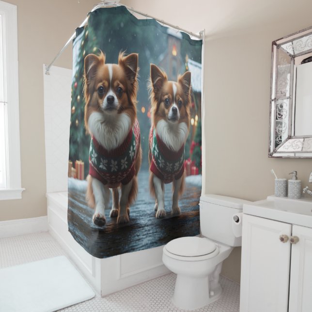 Papillon Dogs Christmas Snow Holiday Shower Curtain (In Situ)