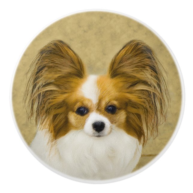 Papillon (Hound Tri) Painting - Original Dog Art Ceramic Knob (Front)