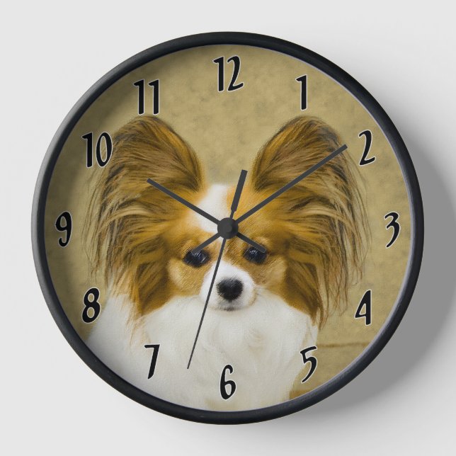 Papillon (Hound Tri) Painting - Original Dog Art Clock (Front)