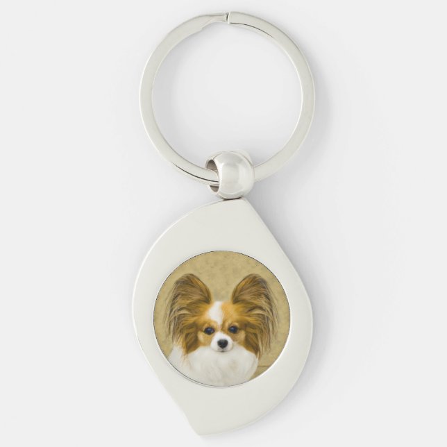 Papillon (Hound Tri) Painting - Original Dog Art Key Ring (Front)