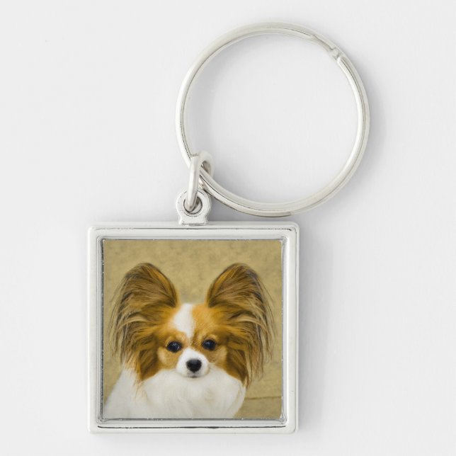 Papillon (Hound Tri) Painting - Original Dog Art Key Ring (Front)