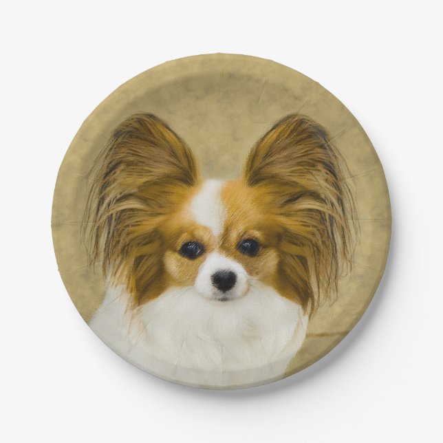 Papillon (Hound Tri) Painting - Original Dog Art Paper Plate (Front)