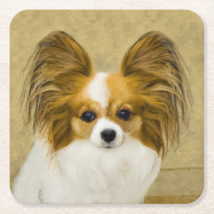 Papillon (Hound Tri) Painting - Original Dog Art Square Paper Coaster