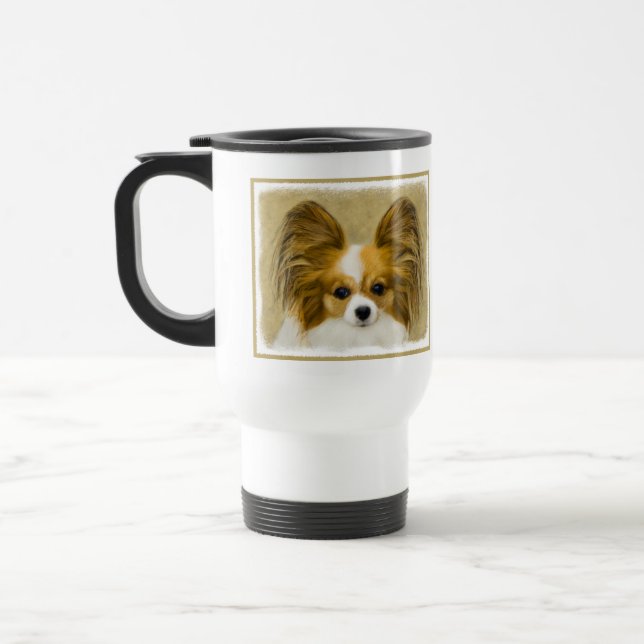 Papillon (Hound Tri) Painting - Original Dog Art Travel Mug (Left)