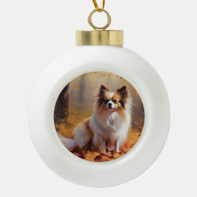 Papillon in Autumn Leaves Fall Inspire  Ceramic Ball Christmas Ornament (Front)