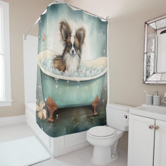 Papillon In Bathtub Watercolor Dog Art Shower Curtain (In Situ)