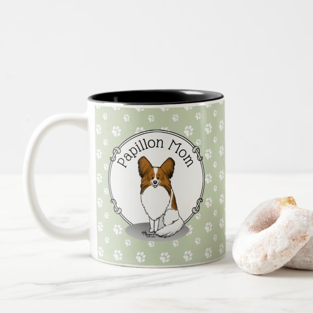 Papillon Mum Pap Mum (white & sable) Cute Dog Mum Two-Tone Coffee Mug (With Donut)