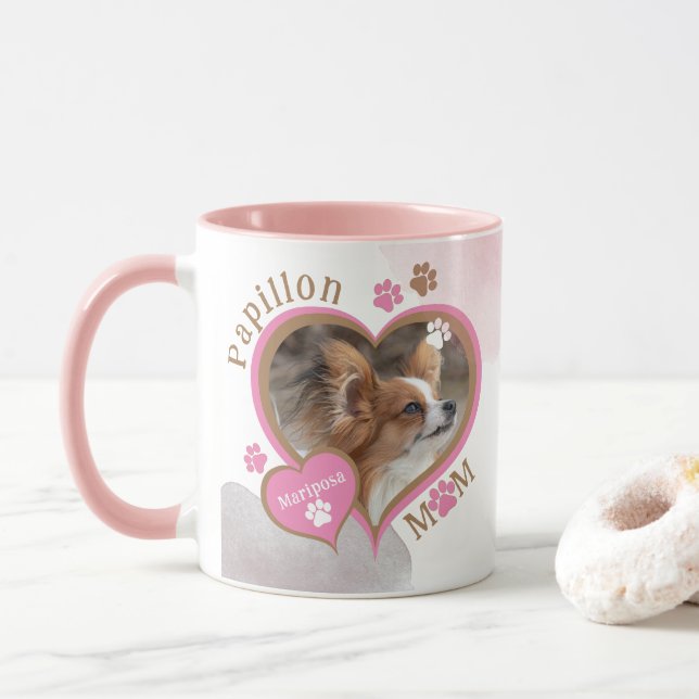 Papillon Mum Personalised Dog Photo and Name Mug (With Donut)