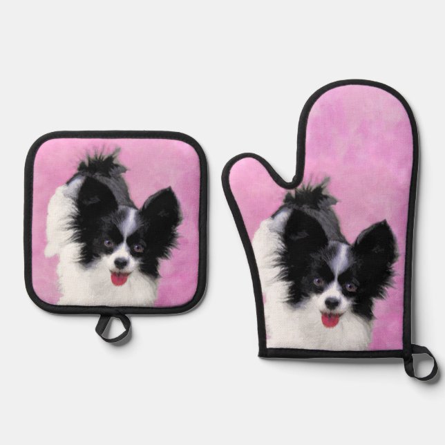Papillon Painting Black and White Original Dog Art Oven Mitt & Pot Holder Set (Front)