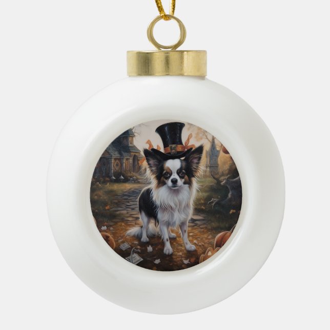 Papillon Pumpkins Halloween Scary  Ceramic Ball Christmas Ornament (Front)