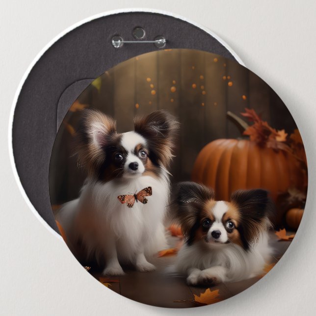 Papillon Puppy Autumn Delight Pumpkin 6 Cm Round Badge (Front & Back)