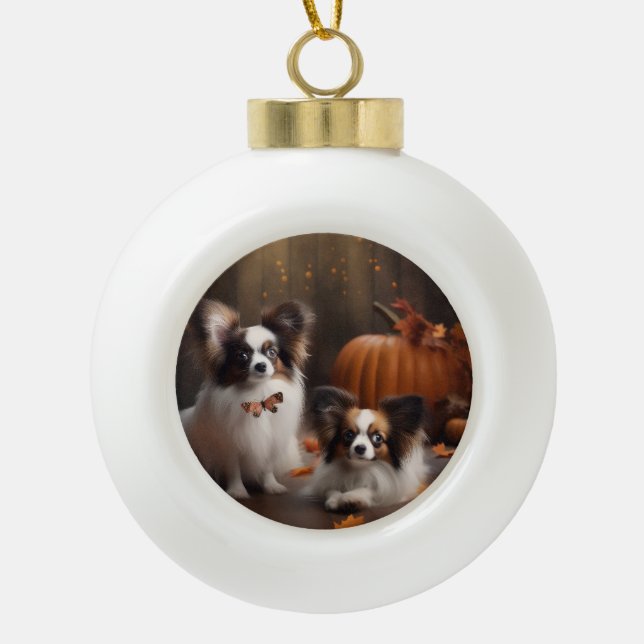 Papillon Puppy Autumn Delight Pumpkin Ceramic Ball Christmas Ornament (Front)