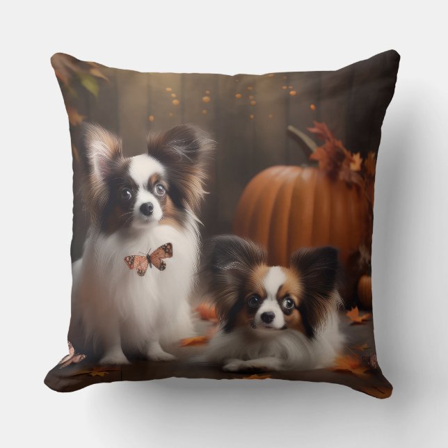 Papillon Puppy Autumn Delight Pumpkin Cushion (Front)