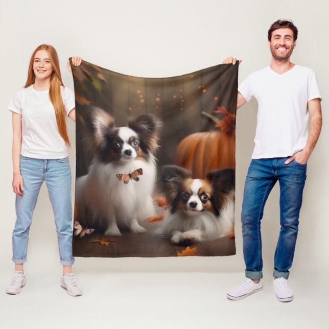 Papillon Puppy Autumn Delight Pumpkin Fleece Blanket (In Situ)