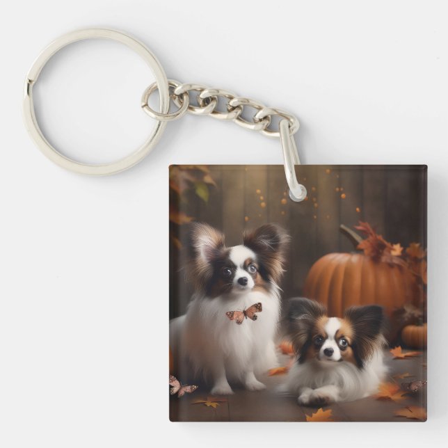 Papillon Puppy Autumn Delight Pumpkin Key Ring (Front)