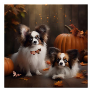 Papillon Puppy Autumn Delight Pumpkin Poster